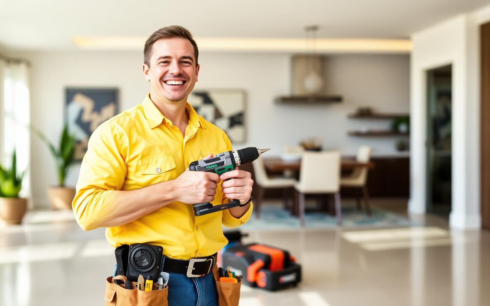 Friendly professional Las Vegas handyman with drill and tool belt in a bright home