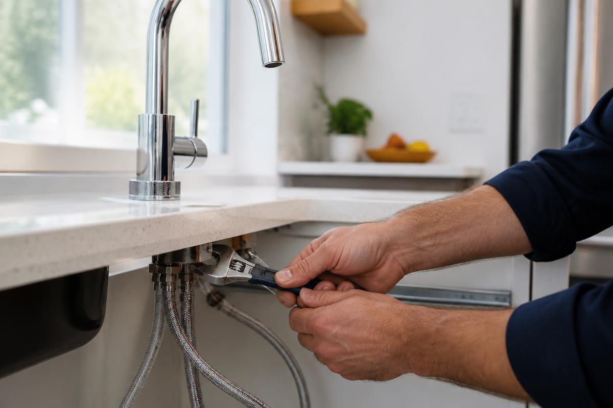 Handyman installing a chrome kitchen faucet in a Las Vegas home