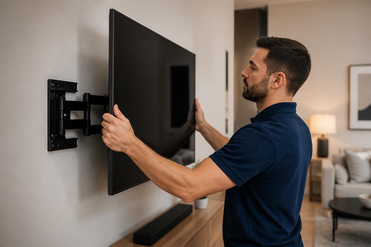 Handyman mounting a large flat screen TV on a living room wall in Las Vegas